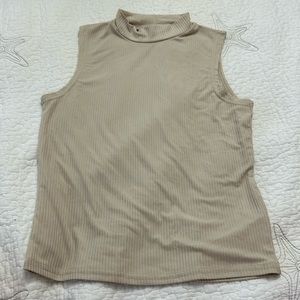 Brit & Bri Women’s Ribbed Tan Mock Turtleneck Sleeveless Top in Medium